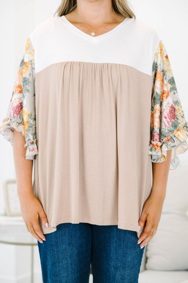 Chic Soul plus size clothing, taupe babydoll top with floral three-quarter sleeves and white top section with slight v neck