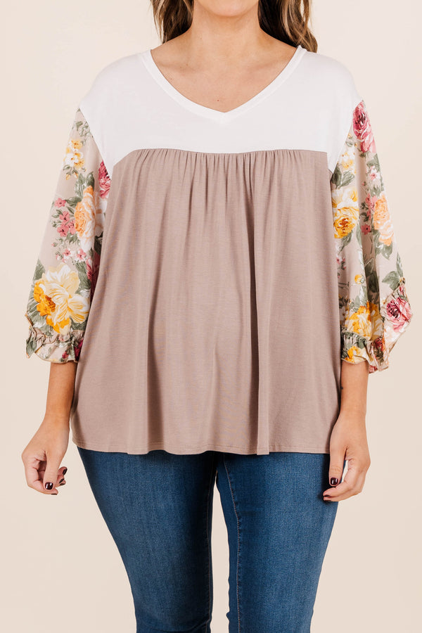 Chic Soul plus size clothing, taupe babydoll top with floral three-quarter sleeves and white top section with slight v neck
