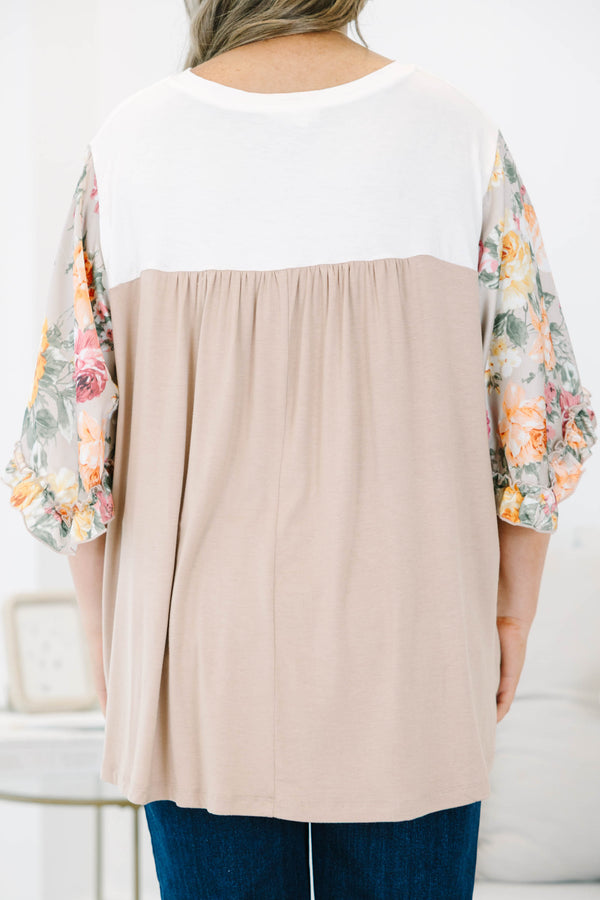 Chic Soul plus size clothing, taupe babydoll top with floral three-quarter sleeves and white top section with slight v neck