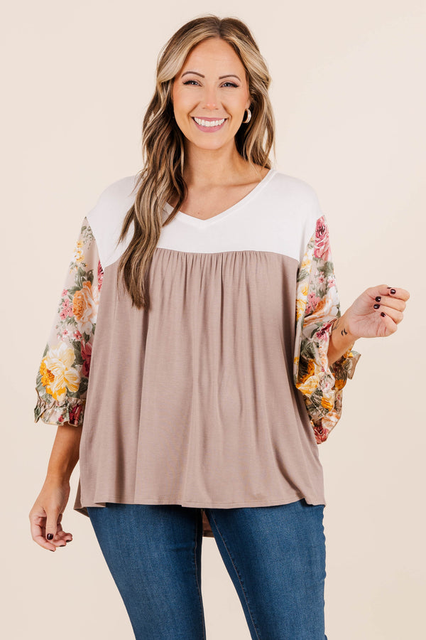 Chic Soul plus size clothing, taupe babydoll top with floral three-quarter sleeves and white top section with slight v neck