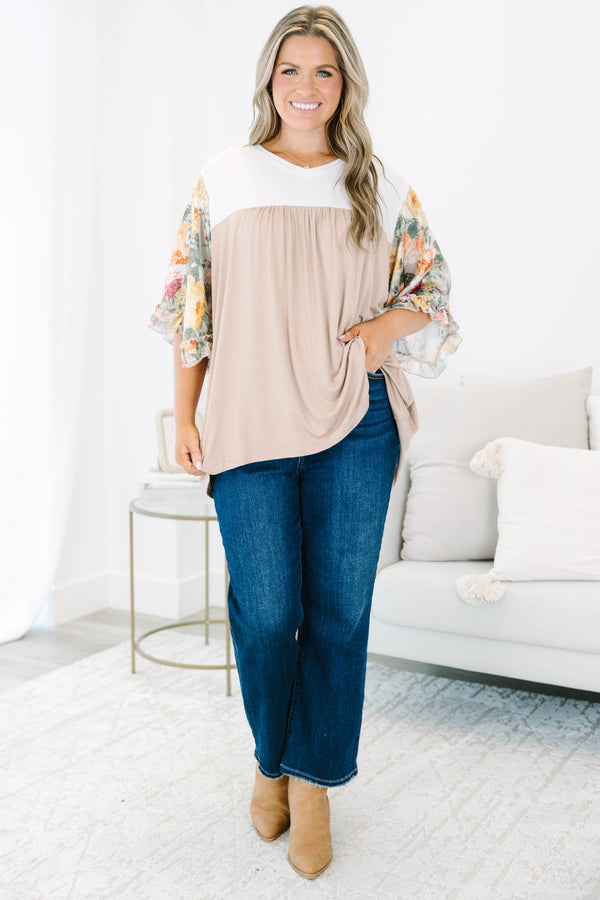 Chic Soul plus size clothing, taupe babydoll top with floral three-quarter sleeves and white top section with slight v neck