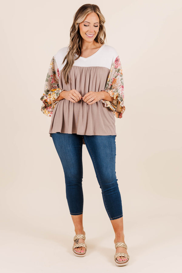 Chic Soul plus size clothing, taupe babydoll top with floral three-quarter sleeves and white top section with slight v neck