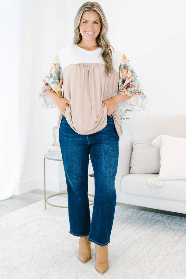 Chic Soul plus size clothing, taupe babydoll top with floral three-quarter sleeves and white top section with slight v neck