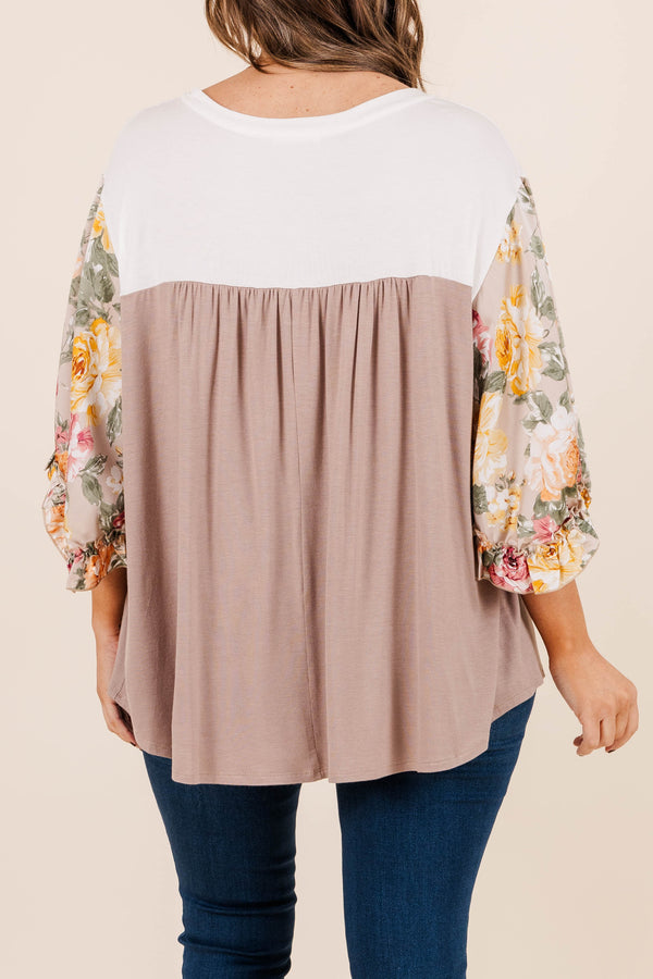 Chic Soul plus size clothing, taupe babydoll top with floral three-quarter sleeves and white top section with slight v neck