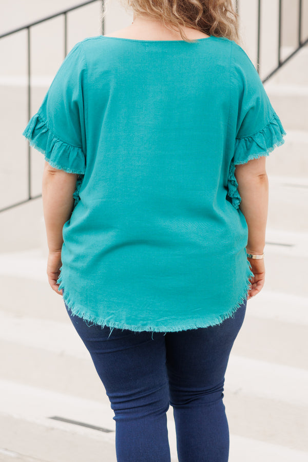 Chic Soul plus size clothing, green short sleeves top with frayed hemlines and ruffle sleeves