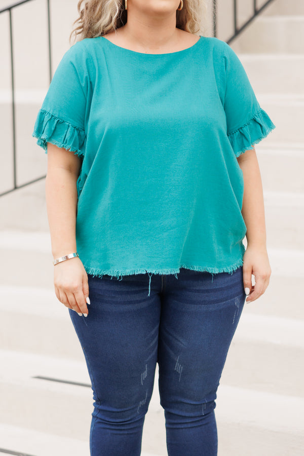 Chic Soul plus size clothing, green short sleeves top with frayed hemlines and ruffle sleeves