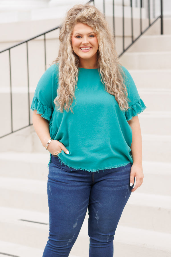 Chic Soul plus size clothing, green short sleeves top with frayed hemlines and ruffle sleeves