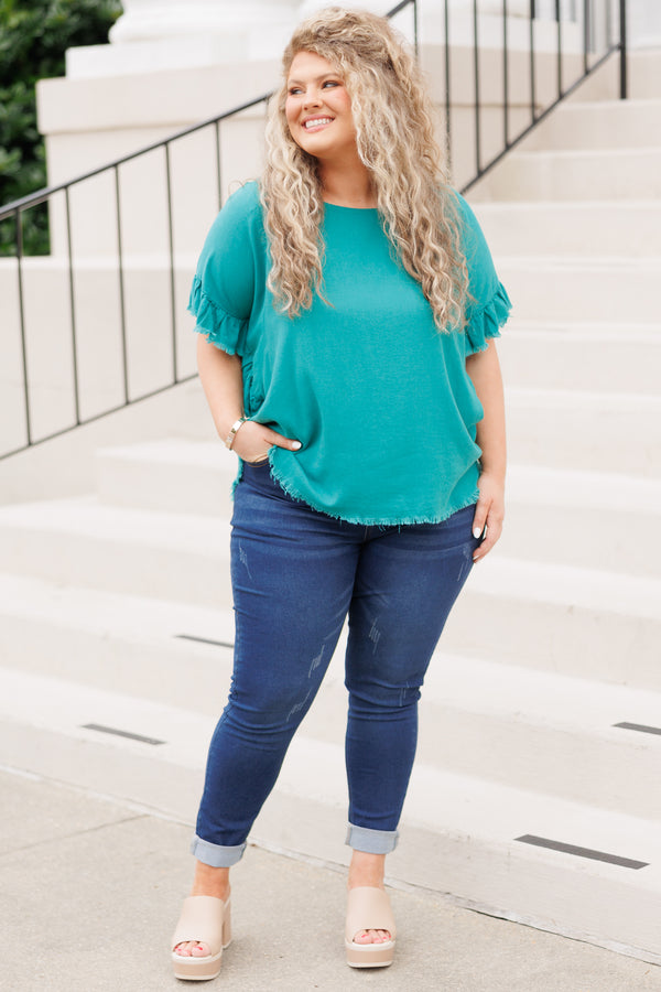 Chic Soul plus size clothing, green short sleeves top with frayed hemlines and ruffle sleeves
