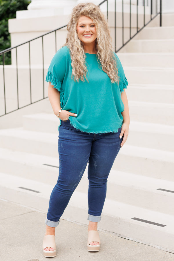 Chic Soul plus size clothing, green short sleeves top with frayed hemlines and ruffle sleeves