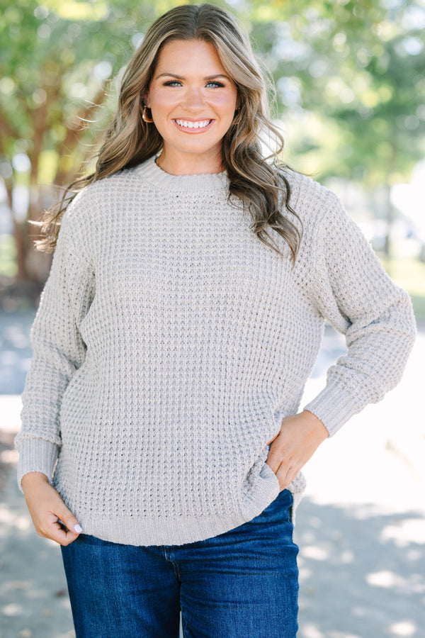 Chic Soul plus size clothing, heather beige waffle knit sweater with crew neck