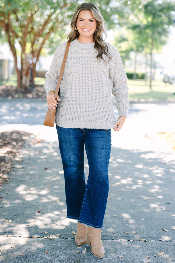 Chic Soul plus size clothing, heather beige waffle knit sweater with crew neck