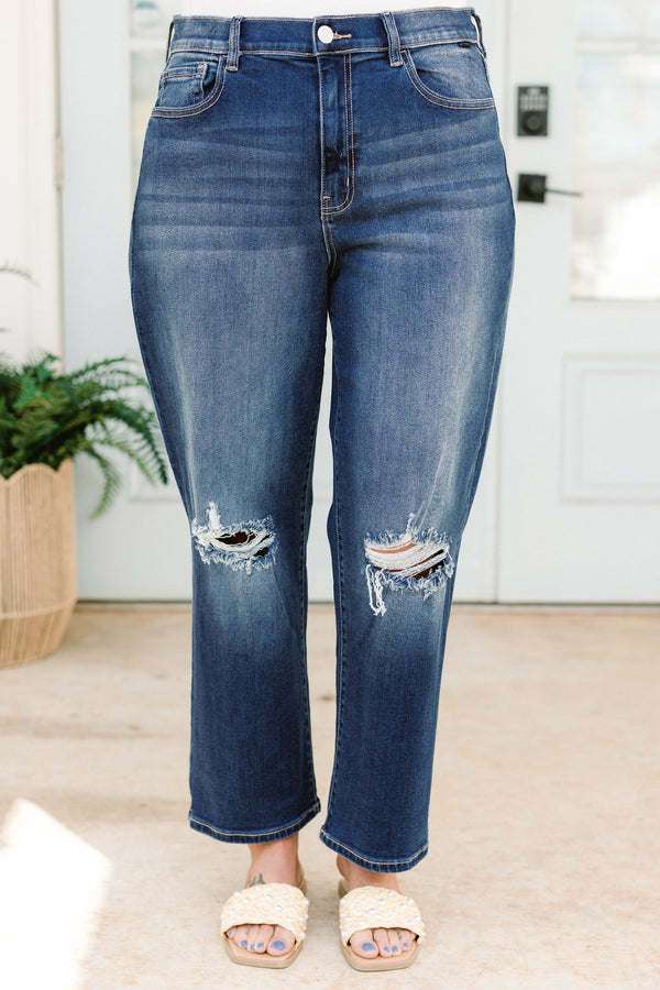 Chic Soul plus size clothing, medium wash denim jeans with distressed knee holes