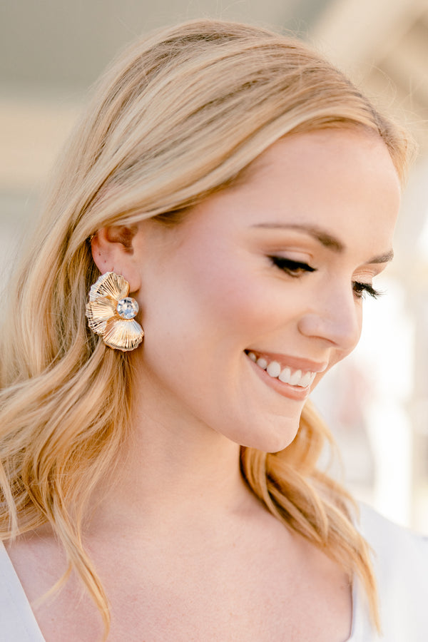 Chic Soul plus size clothing, gold flare petal design flower earrings with diamond in the middle
