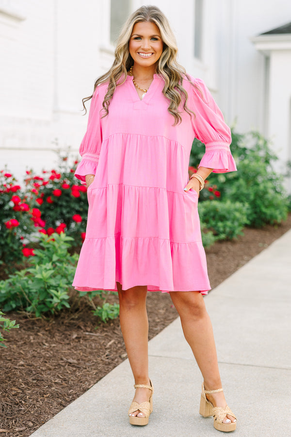 Chic Soul plus size clothing, pink long sleeve babydoll dress with bell sleeves