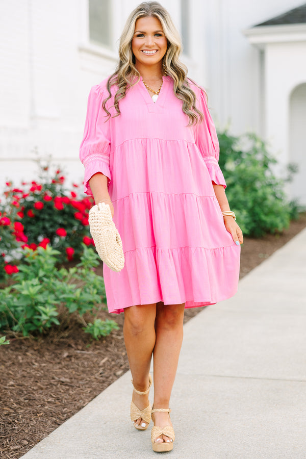 Chic Soul plus size clothing, pink long sleeve babydoll dress with bell sleeves