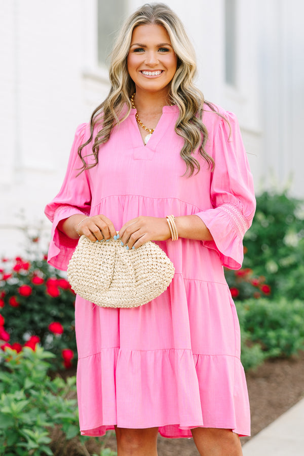 Chic Soul plus size clothing, pink long sleeve babydoll dress with bell sleeves