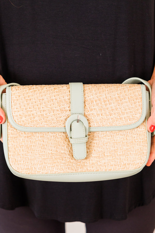 Chic Soul plus size clothing, cream woven handbag with mint green buckle and details