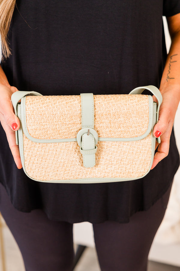 Chic Soul plus size clothing, cream woven handbag with mint green buckle and details
