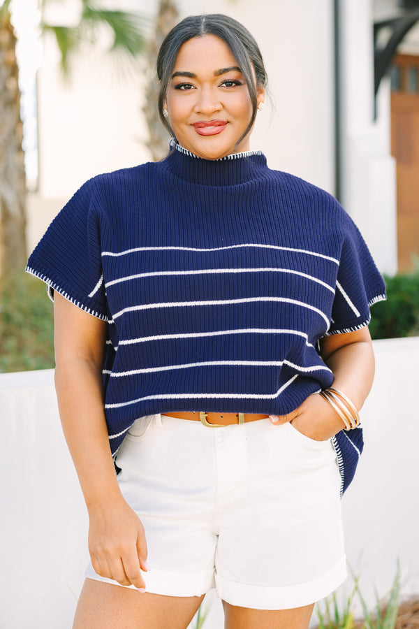 Chic Soul plus size clothing, navy short sleeve sweater with white horizontal pin stripes and white stitching around  the sleeves and collar