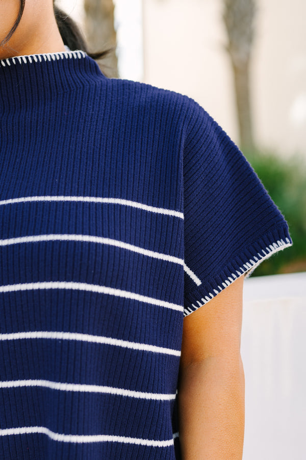 Chic Soul plus size clothing, navy short sleeve sweater with white horizontal pin stripes and white stitching around  the sleeves and collar