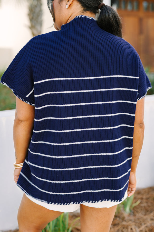 Chic Soul plus size clothing, navy short sleeve sweater with white horizontal pin stripes and white stitching around  the sleeves and collar