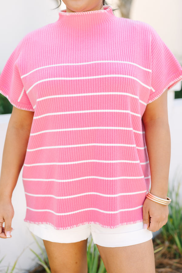 Chic Soul plus size clothing, hot pink short sleeve turtle neck sweater with thin white horizontal stripes