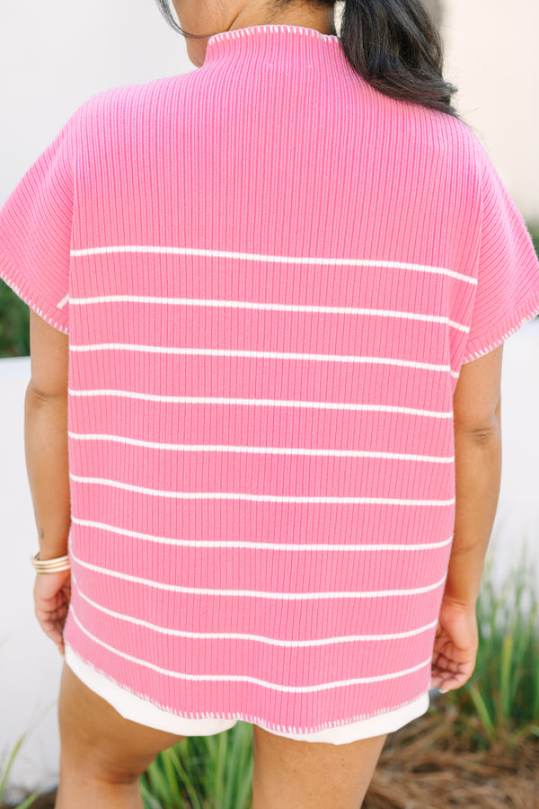 Chic Soul plus size clothing, hot pink short sleeve turtle neck sweater with thin white horizontal stripes