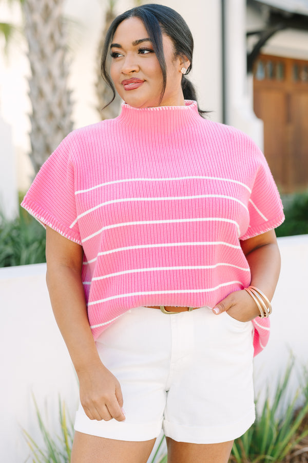 Chic Soul plus size clothing, hot pink short sleeve turtle neck sweater with thin white horizontal stripes