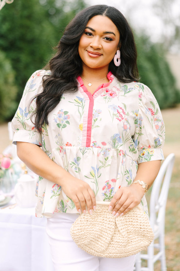 Chic Soul plus size clothing, white and multicolored floral print short sleeve peplum top with ruffle collar