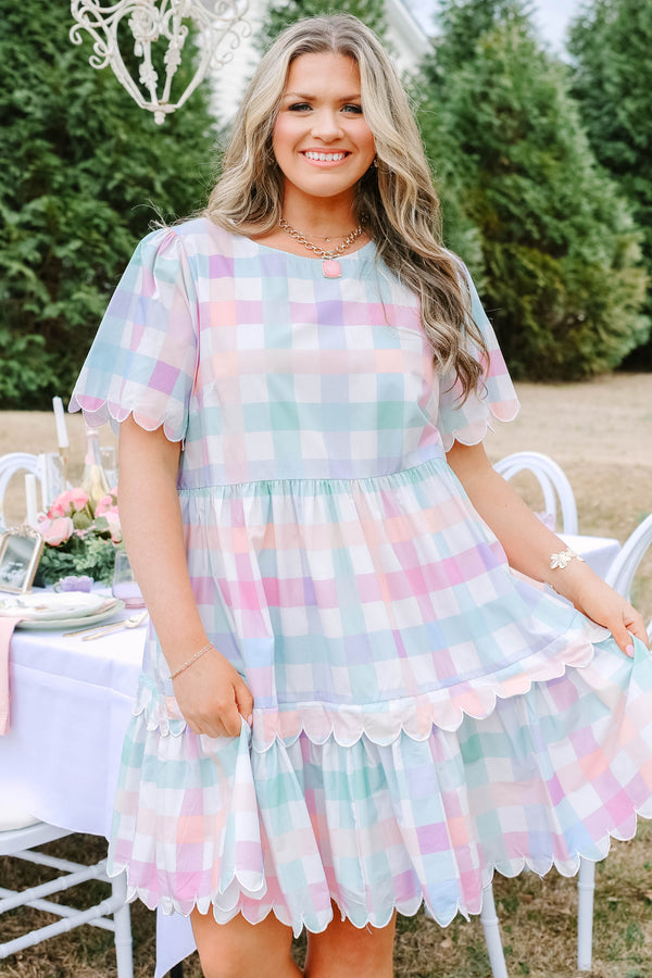 Chic Soul plus size clothing, pastel plaid knee length dress that has two tiers that both have a scalloped ruffle detail at the bottom of each tier scalloped detailing at the end of each sleeve