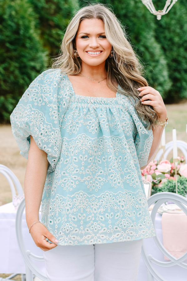 Chic Soul plus size clothing, teal eyelet baby doll top with short bell sleeves and a square neckline 
