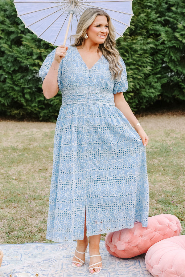 Chic Soul plus size clothing, ice blue maxi dress with bubble sleeves a v-neckline and a white eyelet floral pattern throughout the dress 