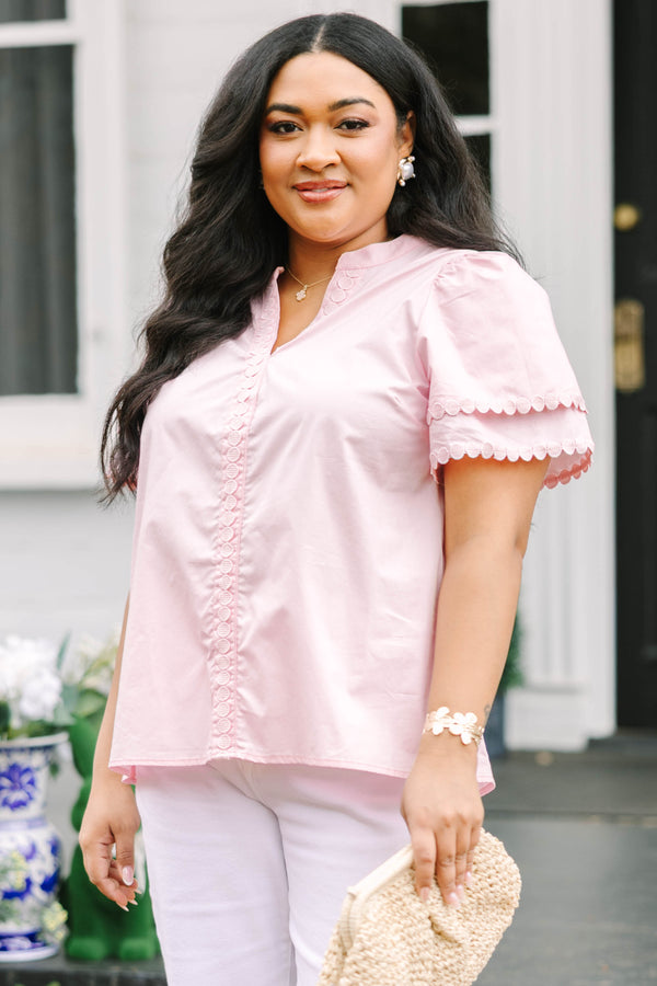 Chic Soul plus size clothing, pink top with flutter sleeves and circle scalloped detailing on the flutter sleeves v-neckline and going down the center of the shirt 
