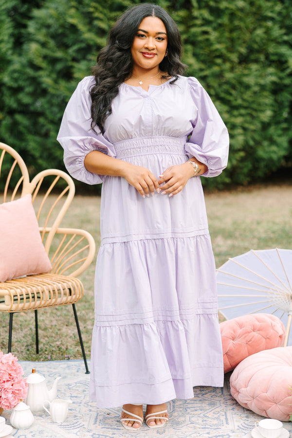 Chic Soul plus size clothing, lavender tiered maxi dress with a sinched waist and long bubble sleeves as well as slight v-neckline 