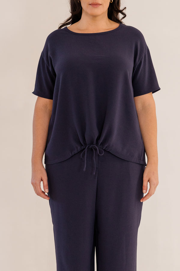 Chic Soul plus size clothing, ink navy short sleeve front tie top with cinched detail on bottom with tie detail