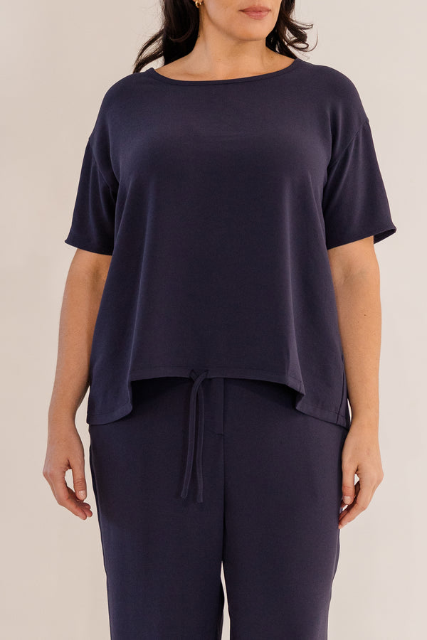 Chic Soul plus size clothing, ink navy short sleeve front tie top with cinched detail on bottom with tie detail
