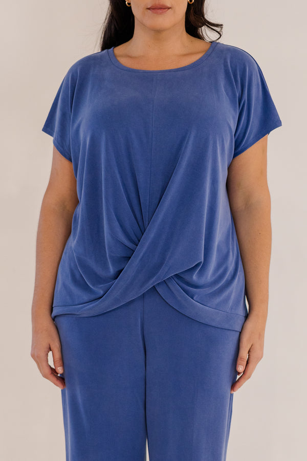 Chic Soul plus size clothing, ombre blue short sleeve flowy top with cross front detail with round neckline