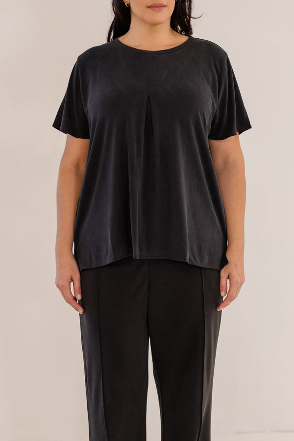 Chic Soul plus size clothing, black short sleeve flowy top with pleated detail with round neckline
