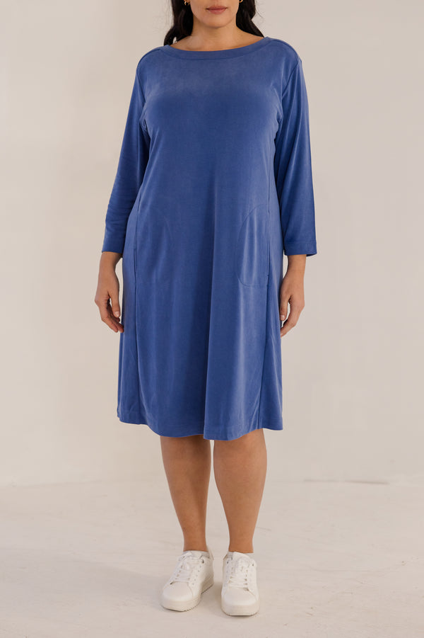 Chic Soul plus size clothing, ombre blue solid long sleeve knee length dress with boatneck line with pockets