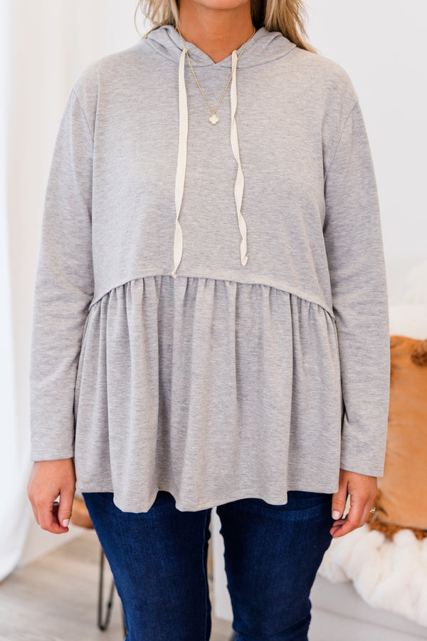 Chic Soul Plus Size Clothing, gray babydoll hoodie with white drawstrings
