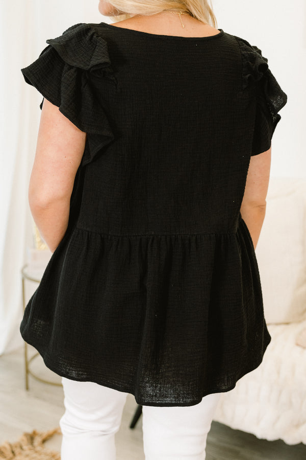 Chic Soul plus size clothing, black casual top with flutter sleeves 