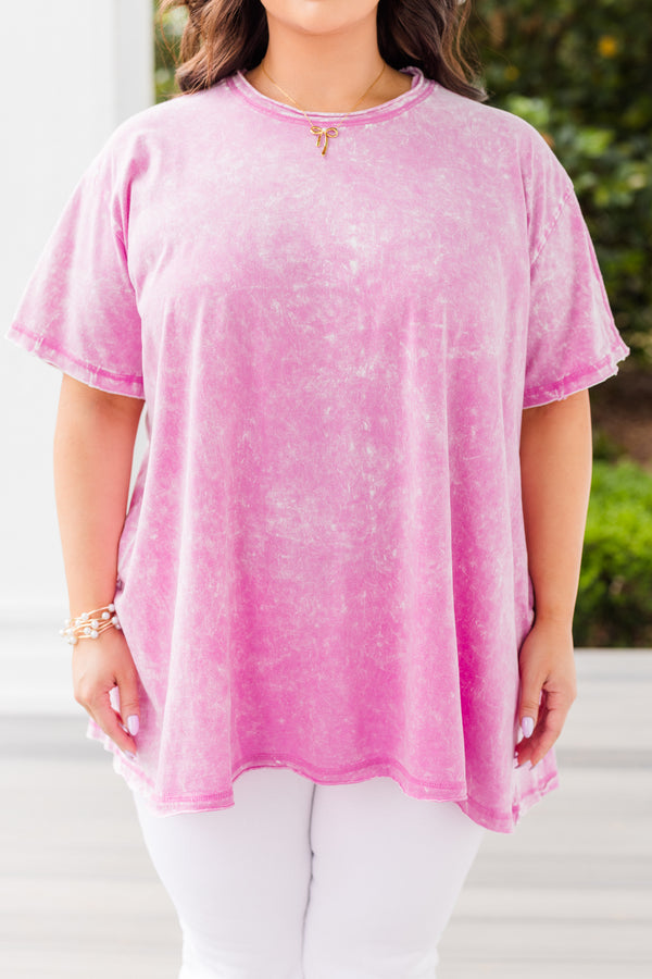 Chic Soul plus size clothing, acid wash fuchsia pink short sleeve crewneck tunic tee