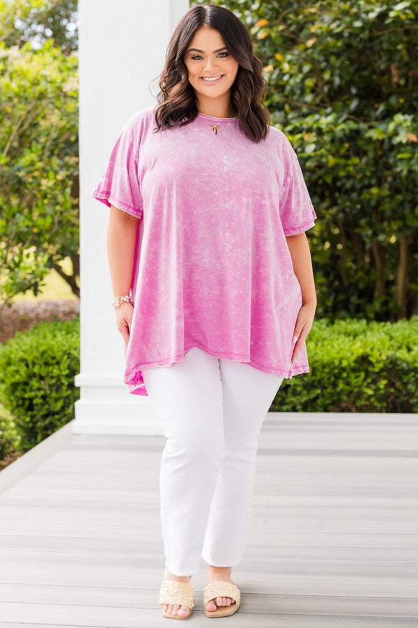 Chic Soul plus size clothing, acid wash fuchsia pink short sleeve crewneck tunic tee