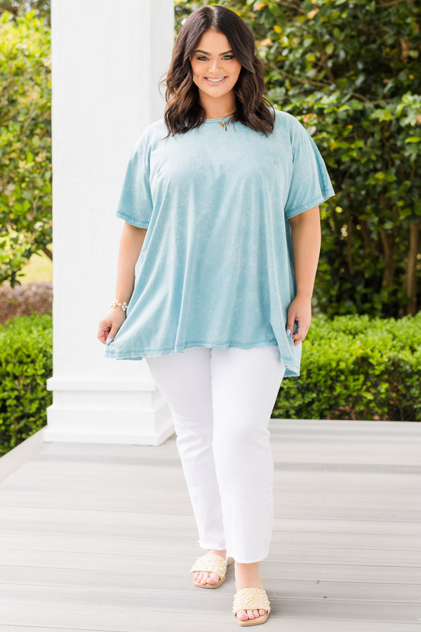Chic Soul plus size clothing, mint teal short sleeve plain top with round neckline 