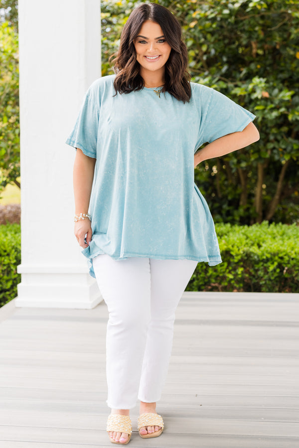 Chic Soul plus size clothing, mint teal short sleeve plain top with round neckline 