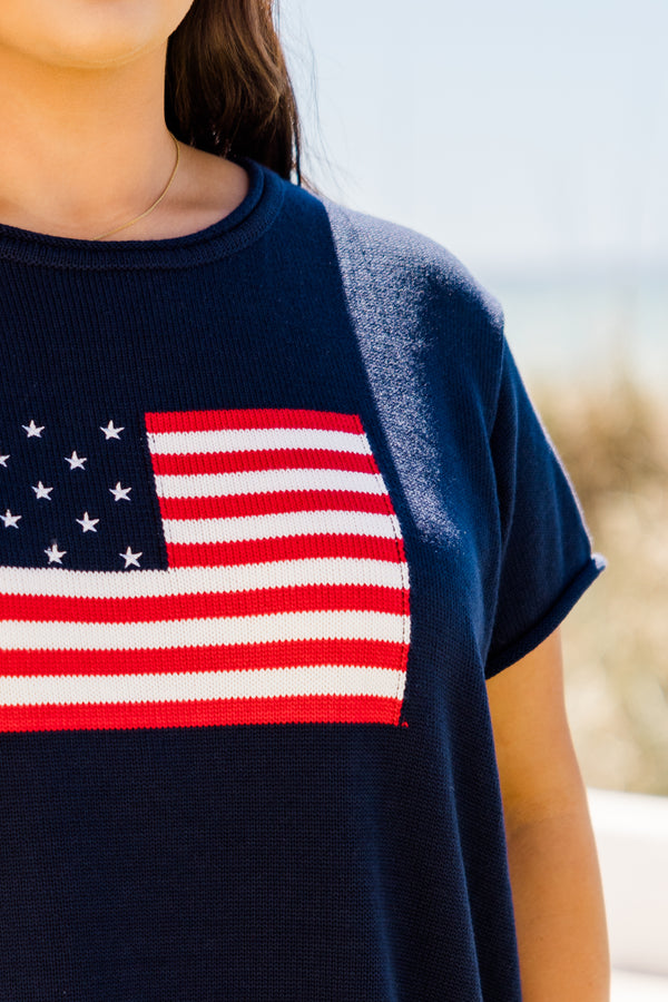 Chic Soul plus size clothing, navy short sleeve sweater with an American flag graphic on the front 