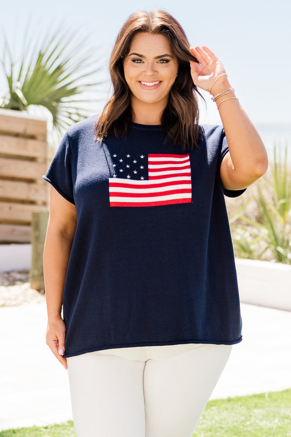 Chic Soul plus size clothing, navy short sleeve sweater with an American flag graphic on the front 
