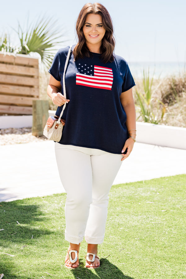 Chic Soul plus size clothing, navy short sleeve sweater with an American flag graphic on the front 