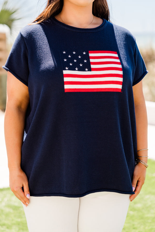 Chic Soul plus size clothing, navy short sleeve sweater with an American flag graphic on the front 