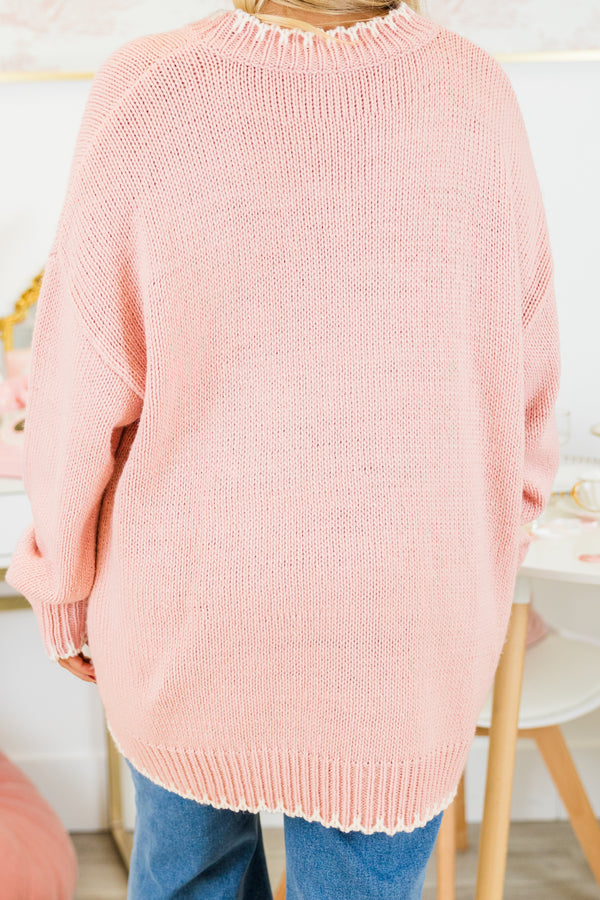 Chic Soul plus size clothing, pink knit sweater with white bow 